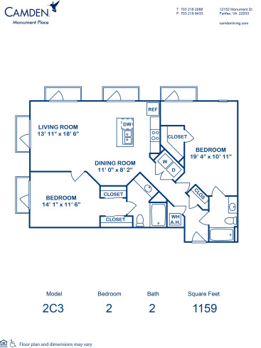 Blueprint of 2C3 Floor Plan, 2 Bedrooms and 2 Bathrooms at Camden Monument Place Apartments in Fairfax, VA
