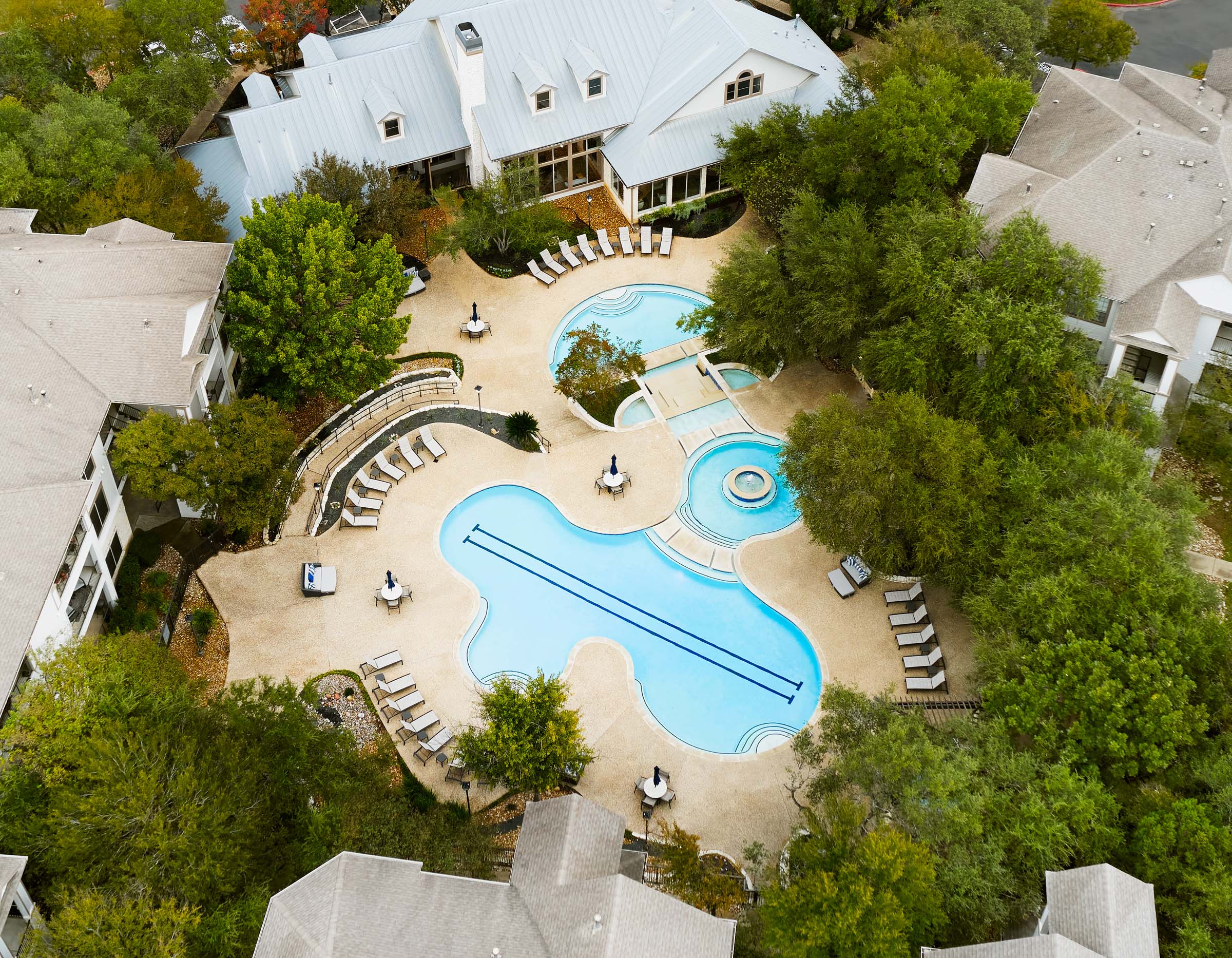 Aerial view of pool and clubhouse at Camden Stoneleigh