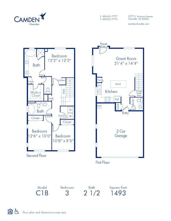 Blueprint of C1B Floor Plan, 3 Bedrooms and 2.5 Bathrooms at Camden Chandler Apartments in Chandler, AZ