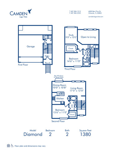 Blueprint of Diamond Floor Plan, 2 Bedrooms and 2 Bathrooms at Camden Lago Vista Apartments in Orlando, FL