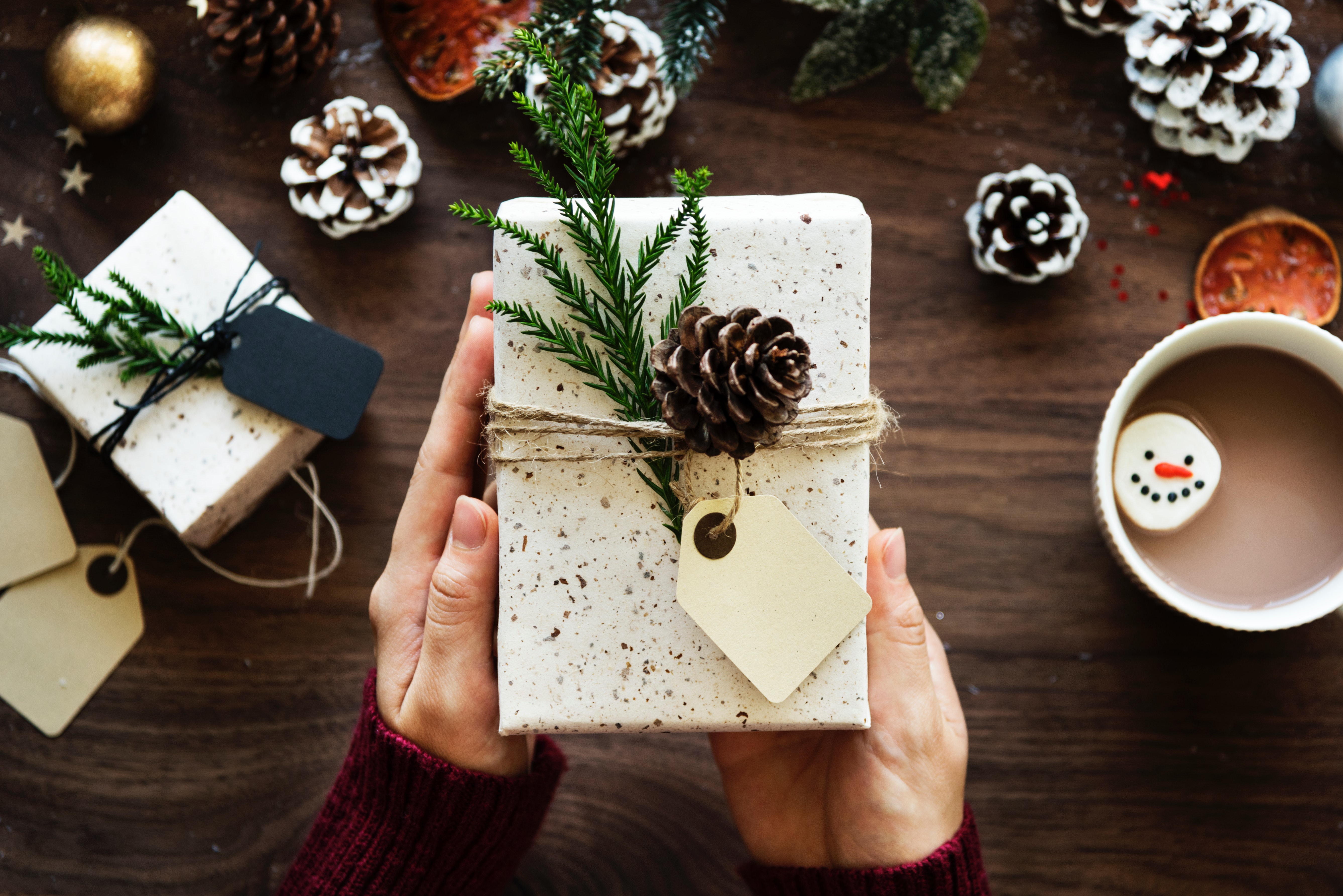 christmas gift box wrapped with garland