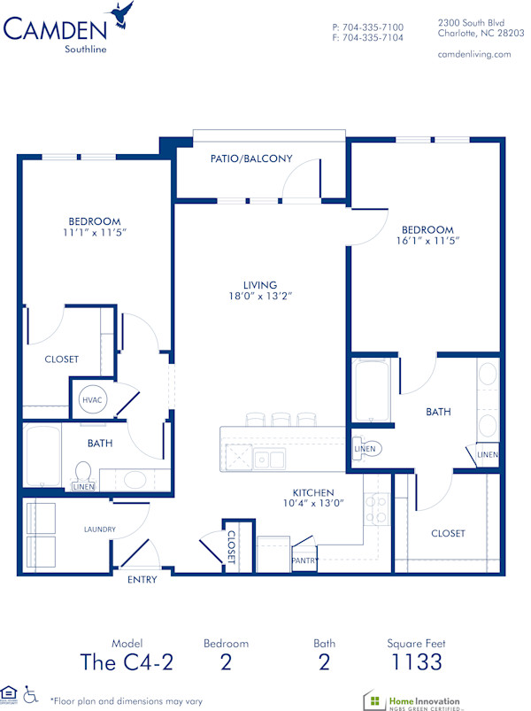 Blueprint of C4-2 Floor Plan, 2 Bedrooms and 2 Bathrooms at Camden Southline Apartments in Charlotte, NC