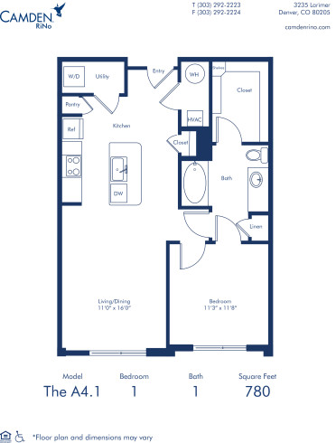 Camden Rino apartments in Denver one bedroom floor plan diagram, The A4.1