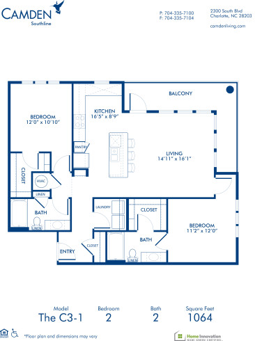 Blueprint of C3-1 Floor Plan, 2 Bedrooms and 2 Bathrooms at Camden Southline Apartments in Charlotte, NC