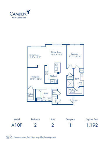 Blueprint of A10F Floor Plan, 2 Bedrooms with 2 Bathrooms and 1 Loft at Camden Main and Jamboree Apartments in Irvine, CA