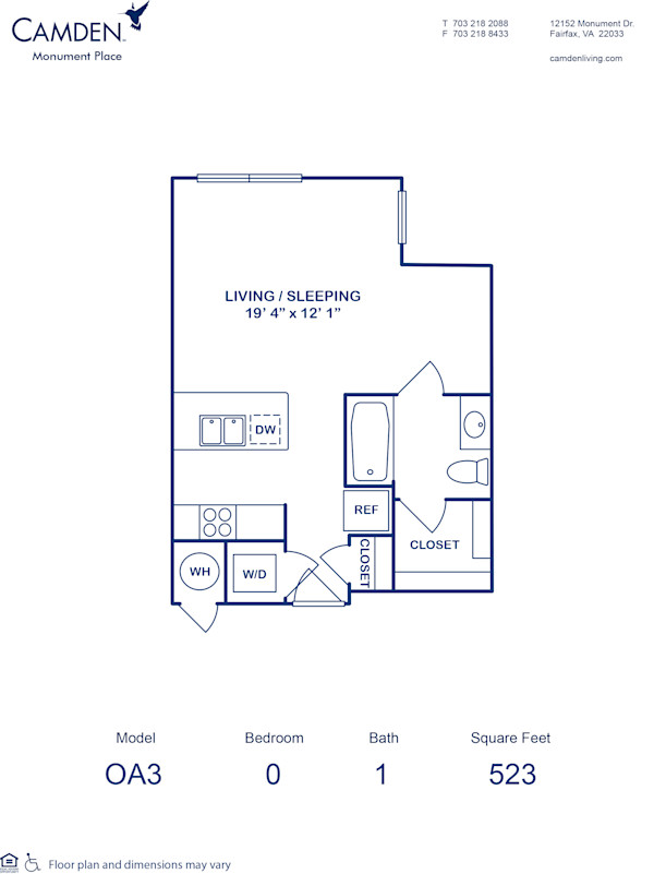 Blueprint of 0A3 Floor Plan, Studio with 1 Bathroom at Camden Monument Place Apartments in Fairfax, VA