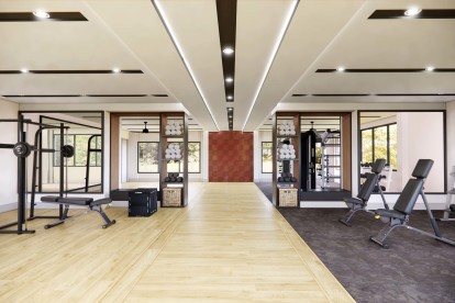 Rendering of newly renovated, spacious open-concept 24-hour fitness center at Camden Farmers Market apartments in Dallas, TX.