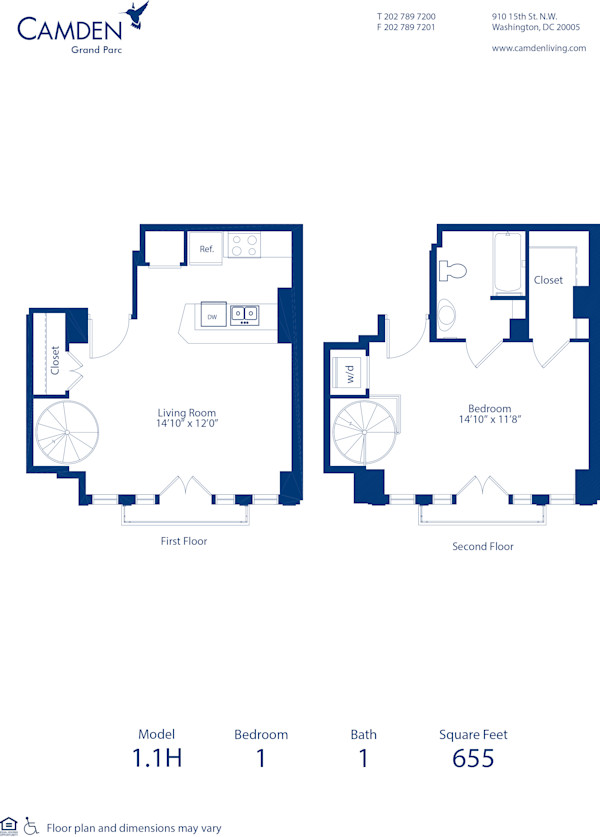 Blueprint of 1.1H Floor Plan, 1 Bedroom and 1 Bathroom at Camden Grand Parc Apartments in Washington, DC