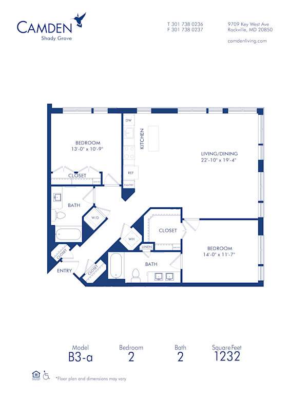 Blueprint of B3-A Floor Plan, 2 Bedrooms and 2 Bathrooms at Camden Shady Grove Apartments in Rockville, MD