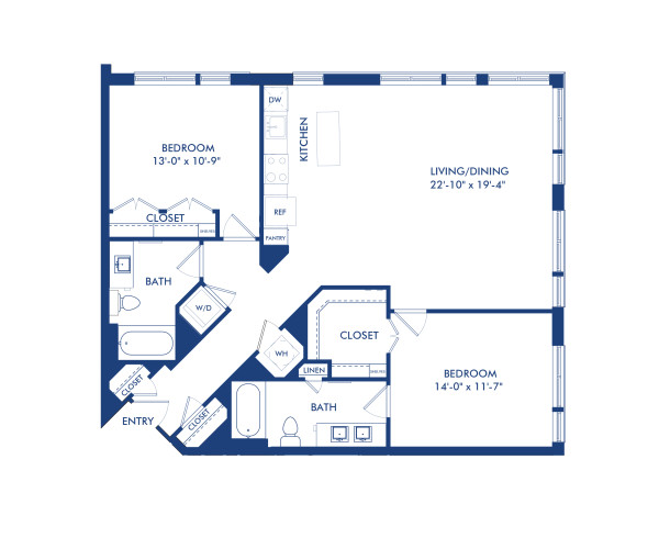 Blueprint of B3-A Floor Plan, 2 Bedrooms and 2 Bathrooms at Camden Shady Grove Apartments in Rockville, MD