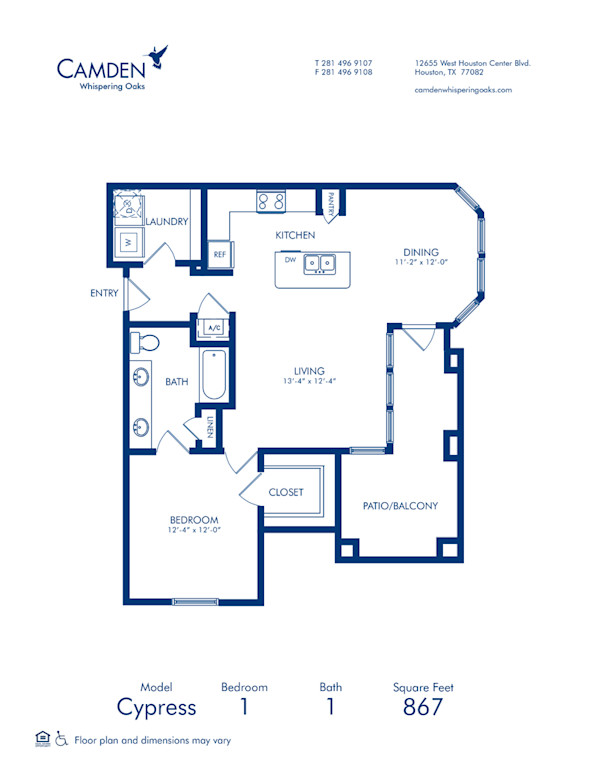Blueprint of Cypress Floor Plan, 1 Bedroom and 1 Bathroom at Camden Whispering Oaks Apartments in Houston, TX