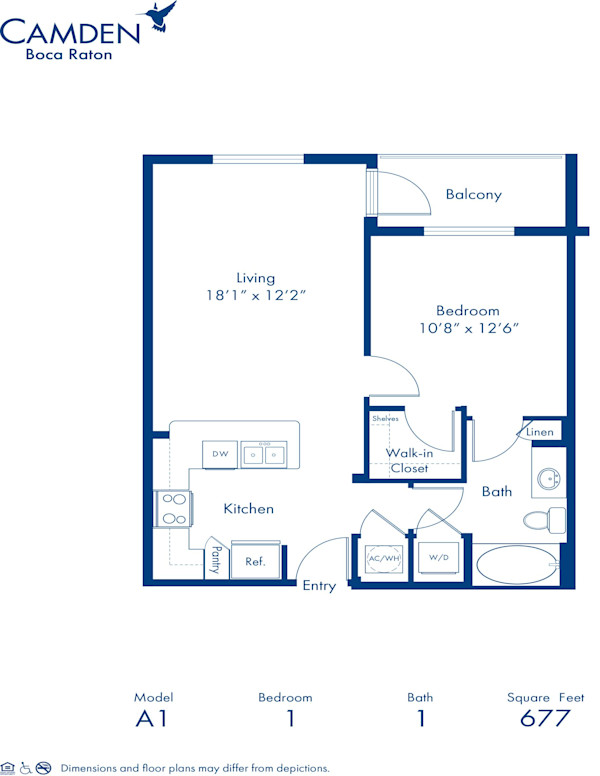 Blueprint of The A Floor Plan, 1 Bedroom and 1 Bathroom at Camden Boca Raton Apartments in Boca Raton, FL