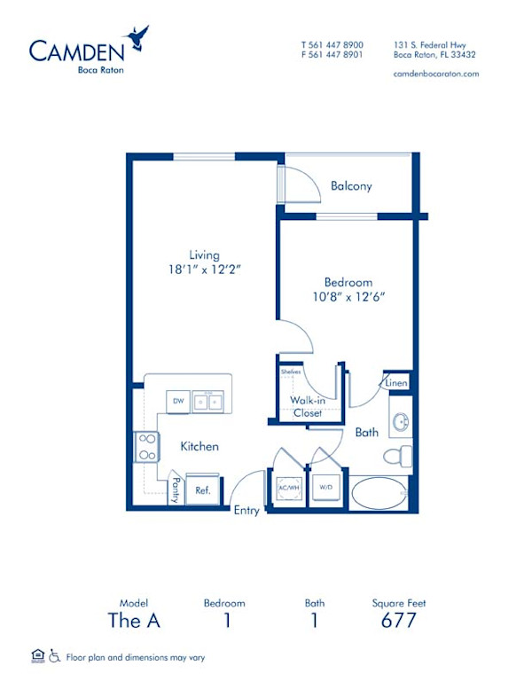 Blueprint of The A Floor Plan, 1 Bedroom and 1 Bathroom at Camden Boca Raton Apartments in Boca Raton, FL