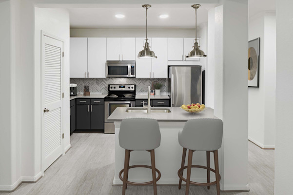 Kitchen with stainless steel appliances and quartz countertops at Camden Heights apartments in Houston, TX