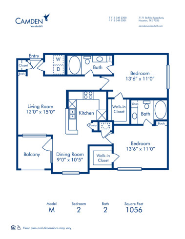 Blueprint of M Floor Plan, 2 Bedrooms and 2 Bathrooms at Camden Vanderbilt Apartments in Houston, TX