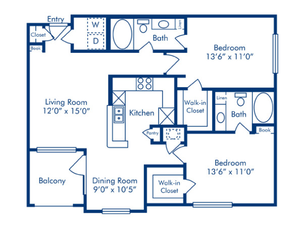 Blueprint of M Floor Plan, 2 Bedrooms and 2 Bathrooms at Camden Vanderbilt Apartments in Houston, TX