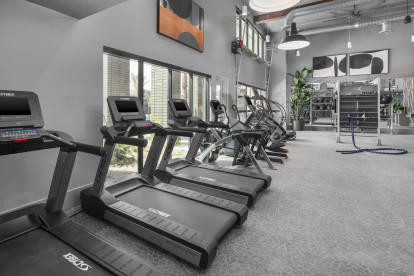Camden Tempe Apartments in Tempe Arizona 24-hour fitness center with cardio machines trainer rope and Gym Rax machine