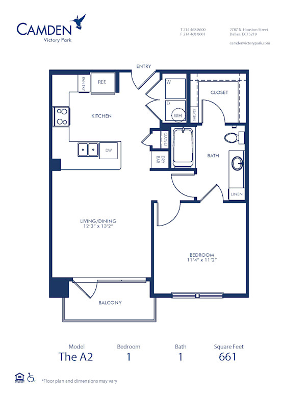 Blueprint of A2 Floor Plan, 1 Bedroom and 1 Bathroom at Camden Victory Park Apartments in Dallas, TX
