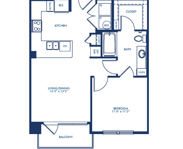 Blueprint of A2 Floor Plan, 1 Bedroom and 1 Bathroom at Camden Victory Park Apartments in Dallas, TX