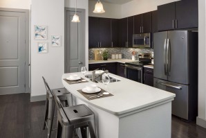 The terrace kitchen with quartz countertops stainless steel appliances and wood look floor