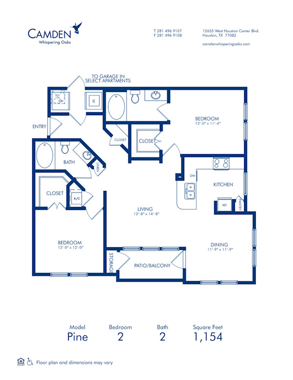 Blueprint of Pine Floor Plan, 2 Bedrooms and 2 Bathrooms at Camden Whispering Oaks Apartments in Houston, TX
