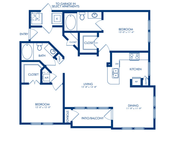 Blueprint of Pine Floor Plan, 2 Bedrooms and 2 Bathrooms at Camden Whispering Oaks Apartments in Houston, TX