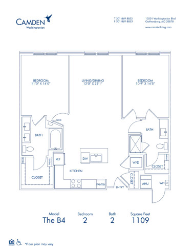 Blueprint of The B4, 2 Bedroom 2 Bathroom Floor Plan at Camden Washingtonian Apartments in Gaithersburg, MD