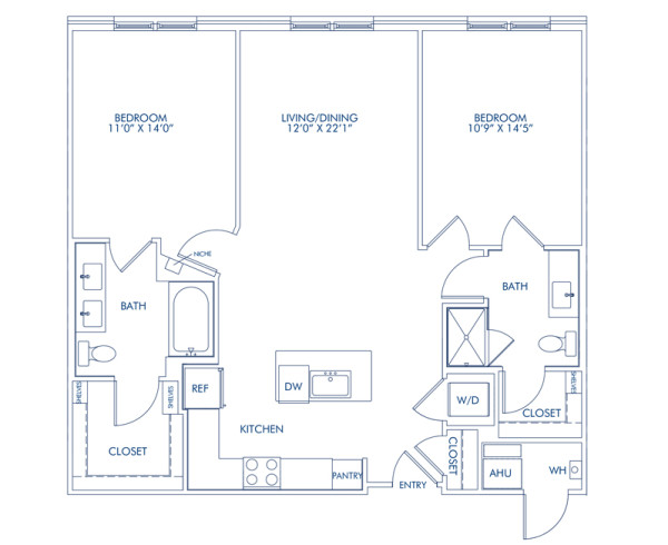 Blueprint of The B4, 2 Bedroom 2 Bathroom Floor Plan at Camden Washingtonian Apartments in Gaithersburg, MD