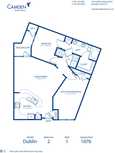 Blueprint of Dublin Floor Plan, 2 Bedrooms and 1 Bathroom at Camden Dulles Station Apartments in Herndon, VA