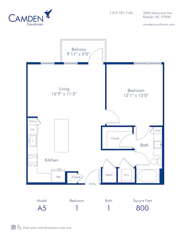 Blueprint of the A5 One Bedroom, One Bathroom Floor Plan at Camden Carolinian Apartments in Raleigh, NC