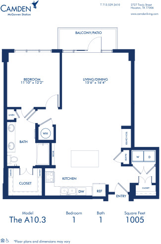 Blueprint of A10.3 Floor Plan at Camden McGowen Station One Bedroom Apartments in Midtown Houston