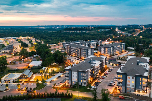 Aerial view of community at twilight at Camden West Nashville apartments in Nashville, TN