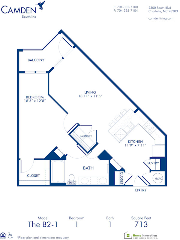 Blueprint of B2-1 Floor Plan, 1 Bedroom and 1 Bathroom at Camden Southline Apartments in Charlotte, NC