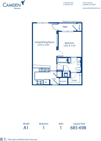 Blueprint of A1 Floor Plan, 1 Bedroom and 1 Bathroom at Camden Dilworth Apartments in Charlotte, NC