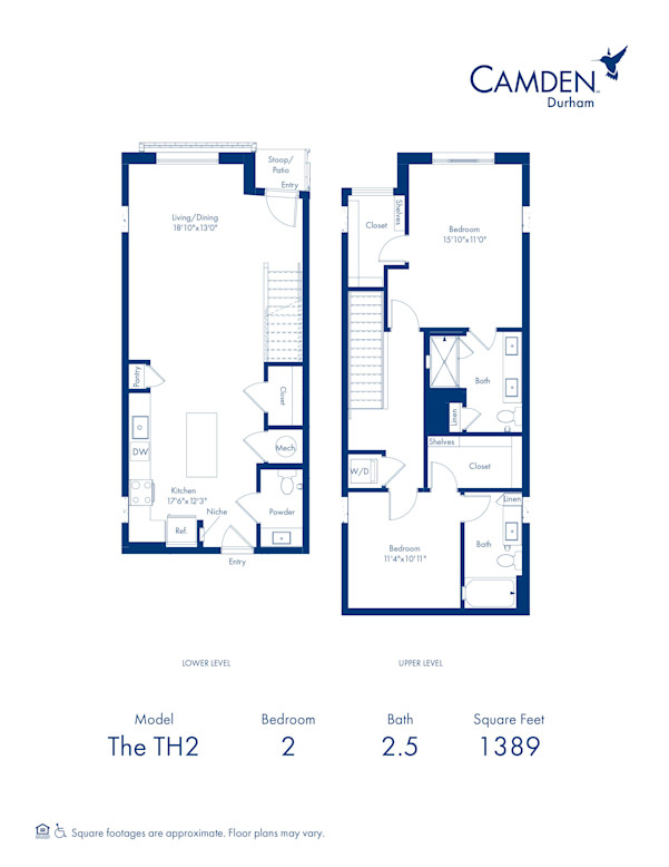 TH2 Floor Plan with 2 Bedrooms and 2 and a Half Bathrooms at Camden Durham in Durham, NC