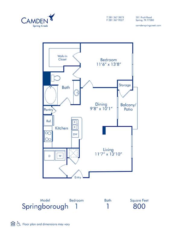 Blueprint of Spring Borough Floor Plan, 1 Bedroom and 1 Bathroom at Camden Spring Creek Apartments in Spring, TX