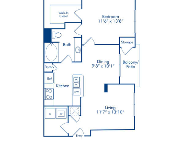 Blueprint of Spring Borough Floor Plan, 1 Bedroom and 1 Bathroom at Camden Spring Creek Apartments in Spring, TX