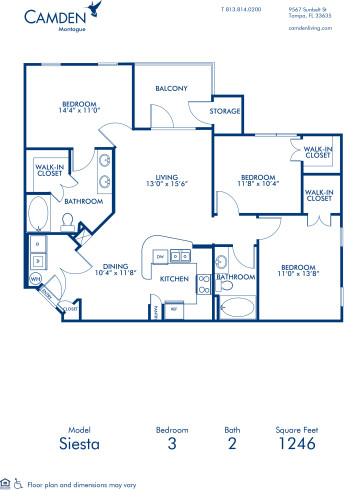 Blueprint of Siesta Floor Plan, 3 Bedrooms and 2 Bathrooms at Camden Montague Apartments in Tampa, FL