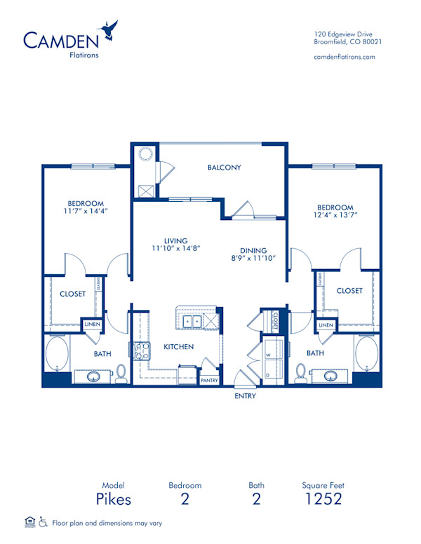 Blueprint of Pikes Floor Plan, 2 Bedrooms and 2 Bathrooms at Camden Flatirons Apartments in Broomfield, CO