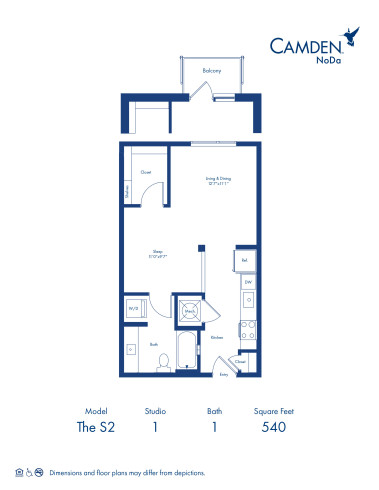 The S2 floor plan, studio with 1 bath at Camden NoDa Apartments in Charlotte, NC