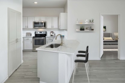 Kitchen with quartz countertops large kitchen pantry and stainless appliances