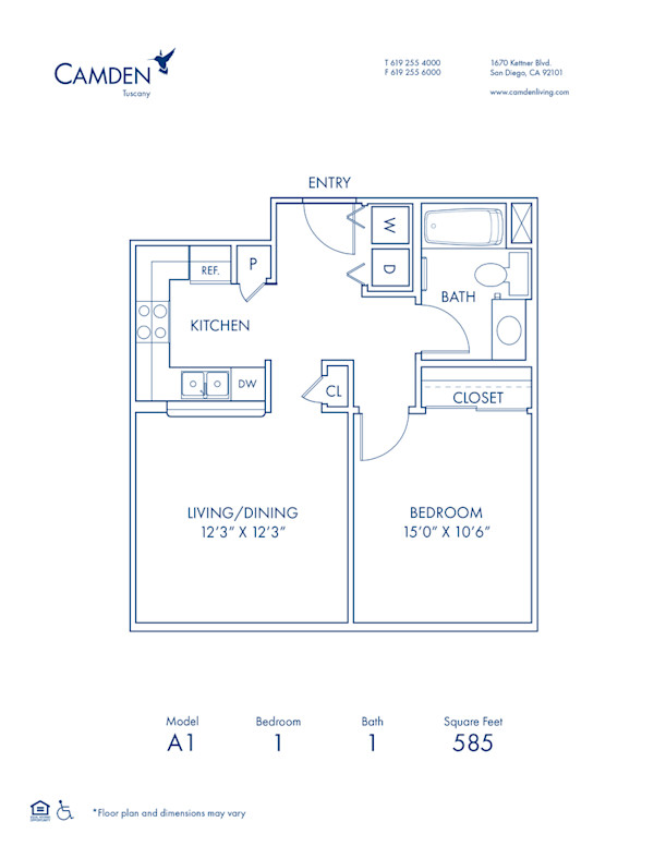 Blueprint of A1 Floor Plan, Apartment Home with 1 Bedroom and 1 Bathroom at Camden Tuscany in San Diego, CA