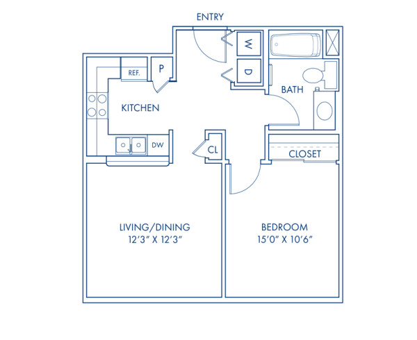 Blueprint of A1 Floor Plan, Apartment Home with 1 Bedroom and 1 Bathroom at Camden Tuscany in San Diego, CA