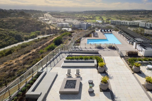 Camden Hillcrest Apartments San Diego CA aerial view shot of the pool toward the ocean