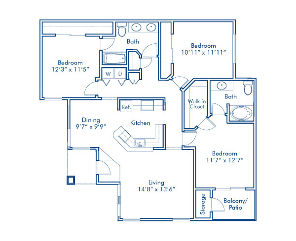 Blueprint of H Floor Plan, Apartment Home with 3 Bedrooms and 2 Bathrooms at Camden San Paloma in Scottsdale, AZ