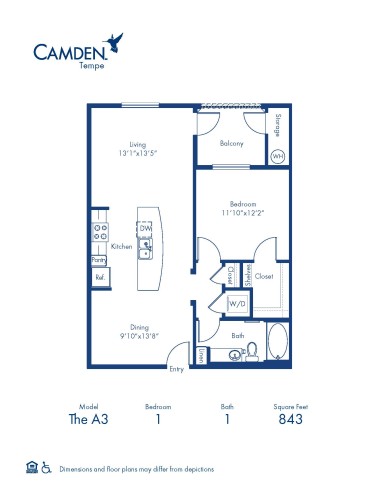 Blueprint of The A3 Floor Plan, 1 Bedroom and 1 Bathroom at Camden Tempe Apartments in Tempe, AZ