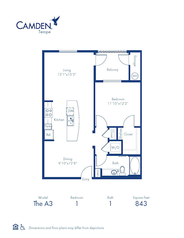 Blueprint of The A3 Floor Plan, 1 Bedroom and 1 Bathroom at Camden Tempe Apartments in Tempe, AZ