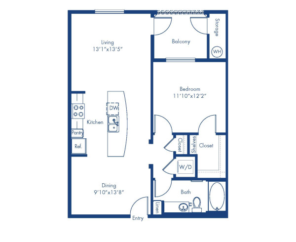 Blueprint of The A3 Floor Plan, 1 Bedroom and 1 Bathroom at Camden Tempe Apartments in Tempe, AZ