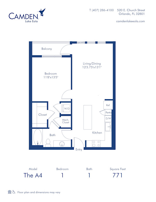 Camden Lake Eola apartments in Downtown Orlando, FL, one bedroom, one bathroom floor plan A4
