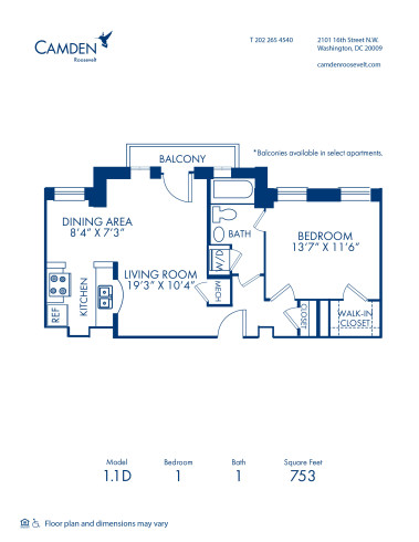Blueprint of 1.1D Floor Plan, 1 Bedroom and 1 Bathroom at Camden Roosevelt Apartments in Washington, DC